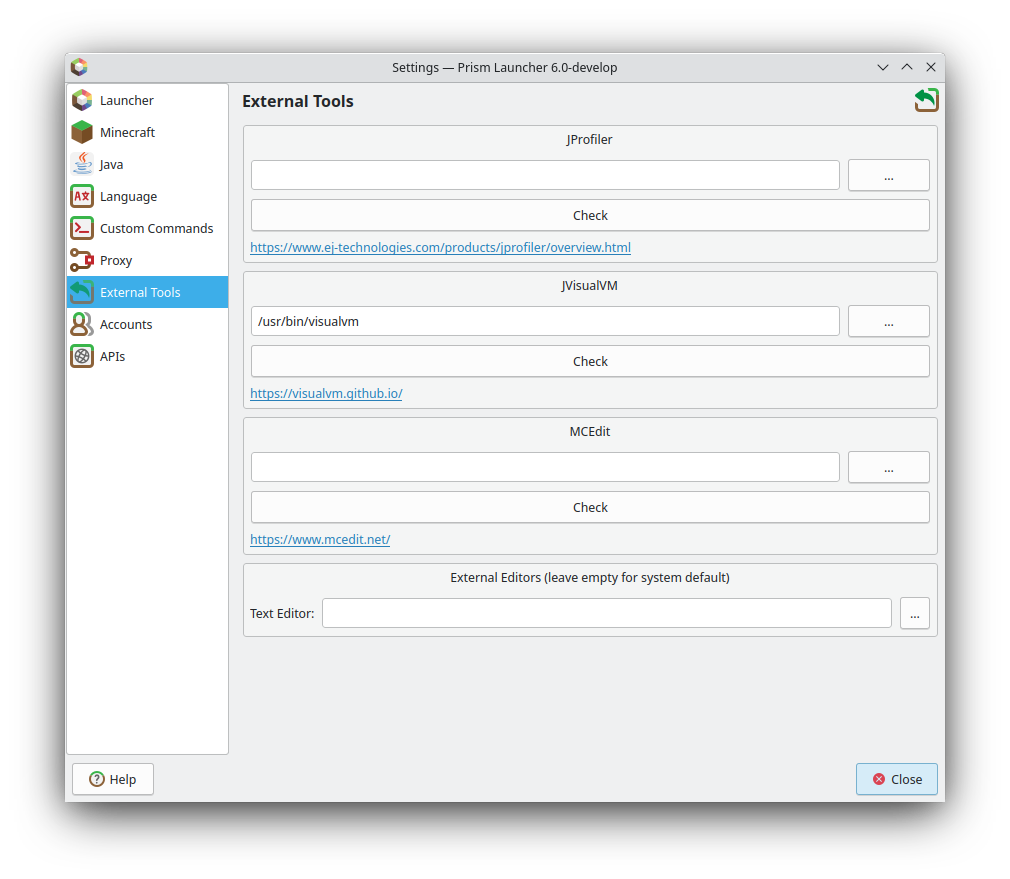 External Tools tab under PrismLauncher settings